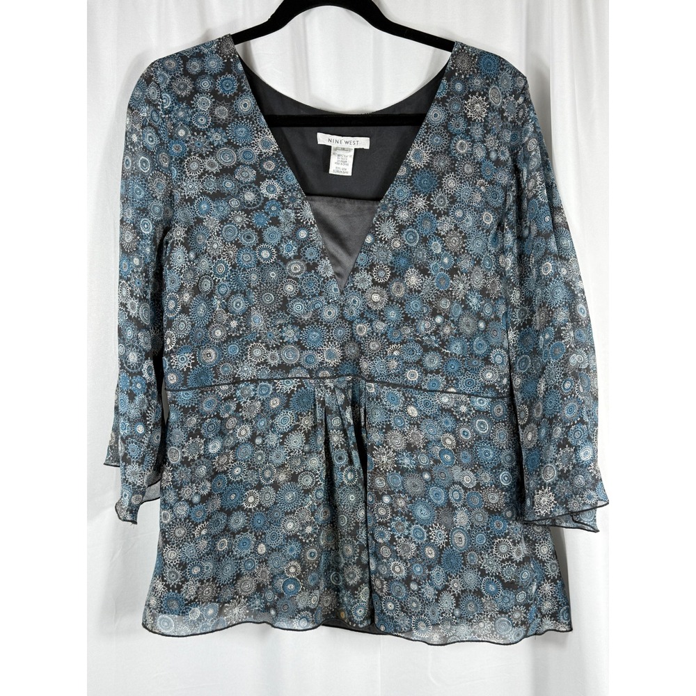 Nine West‎ 100% Silk Women's Blue Gray Floral V-Neck Sheer Blouse Size 12